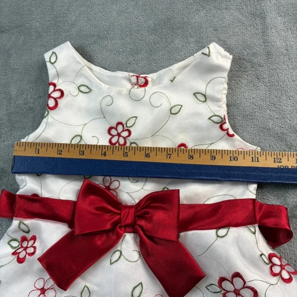 Youngland Girls White Red Floral Embroidered Dress Ribbon‎ Bow Party Size 5
